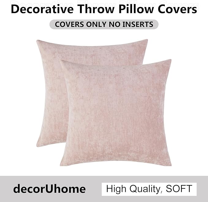 decorUhome Chenille Blush Pink Christmas Throw Pillow Covers 18x18 Inch Set of 2, Decorative Soft Couch Pillow Covers Solid Dyed Accent Farmhouse Neutral Square Pillow Cases for Sofa