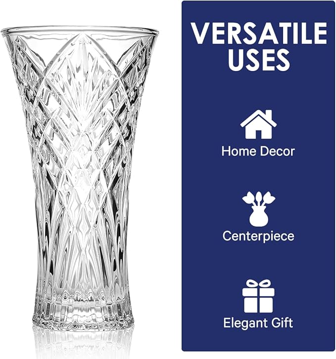 CS Crystal Vase 12-inch high, Rhombus Design, for Flowers & Decor. Lovely Nice Shiny Piece. Perfect as a Gift, Suitable for All Occasions.