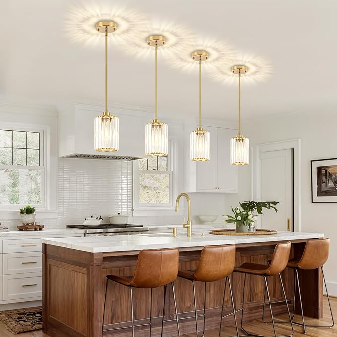 Pendant Lights Kitchen Island, Modern Brushed Gold Pendant Light Fixtures, Kitchen Hanging Lights Mini Chandelier Crystal Pendant Lighting for Island Dining Room Hallway Bedroom
