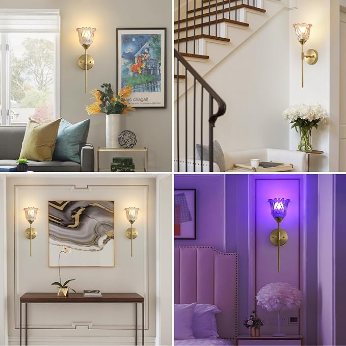 2 Pack Battery Operated Wall Sconce with Amber Glass Lampshade, Mid Century Bathroom Vanity, Wireless Rechargeable RGB Wall Light with Remote Control, for Bedroom Mirror Living Room
