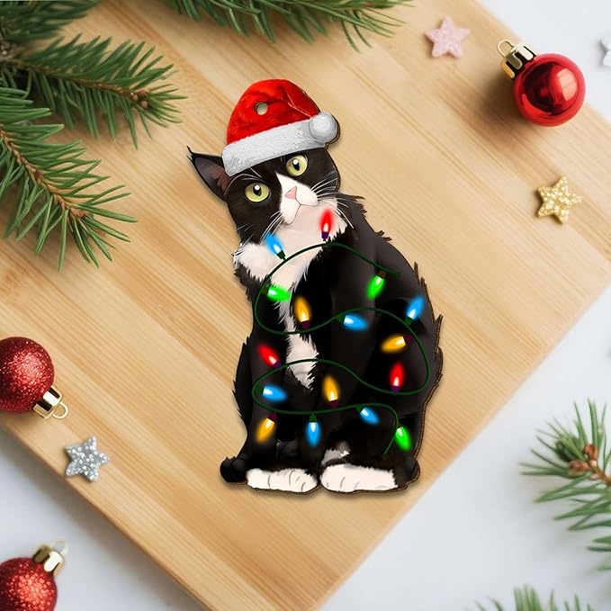 Tuxedo Cat Christmas Ornament, Funny Black and White Cat Holiday Tree Decoration for Pet Lovers, Wooden Keepsake Gift for Animal Owners