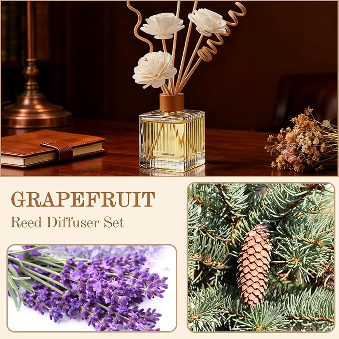 Lavender & Cedarwood Reed Diffuser Set-6.7 oz Glass Bottle with 4 Rattan Sticks,3 Dried Flowers,Adjustable,Long-Lasting Scent for Home,Bedroom,Living Room,Office,Bathroom,Aromatherapy Gift Set