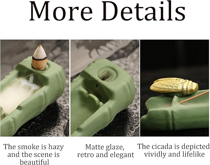 Dual - Use Ceramic Incense Burner, Bamboo Joint & Cicada Design, Stick/Backflow Incense Holder for Aromatherapy.Handmade Large Incense Holder for Meditation Yoga SPA,Palo Santo/Sage/Cone/