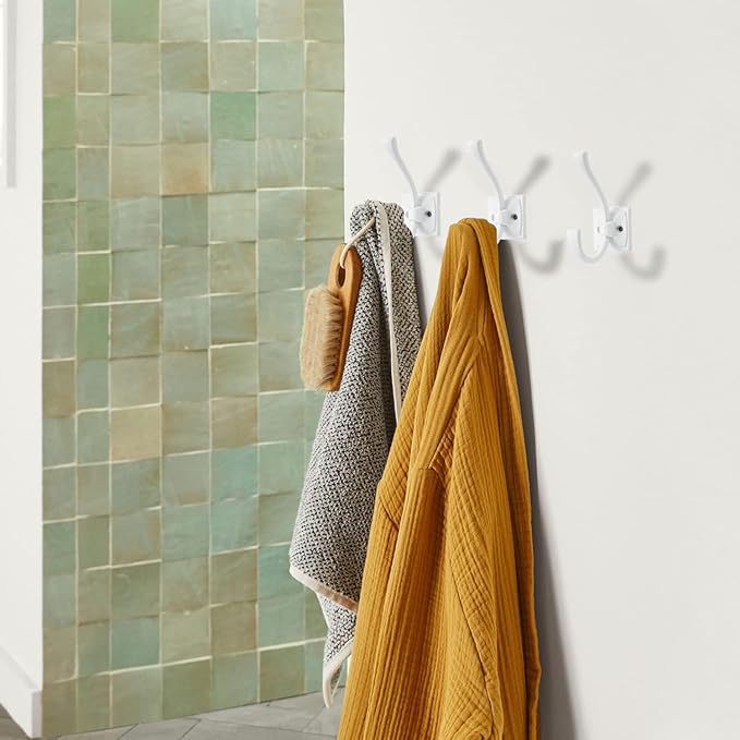 Large Wall Hooks 5 Pack White Coat Hooks Hardware Towel Hooks for Hanging Coats 4.35 Inch Double Robe Hooks Wall Mounted with Screws for Key, Towel, Bags, Cup, Hat