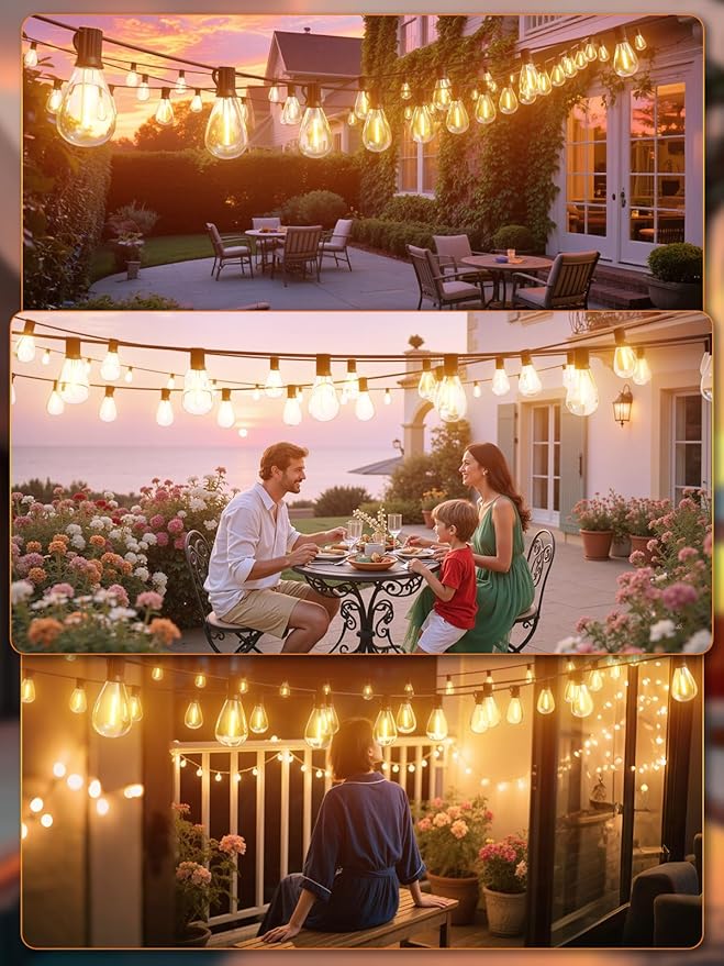 luckystyle 15FT LED Outdoor String Lights with Remote, 6+ 1 Shatterproof Bulbs Waterproof and Dimmable Patio Lights for Porch, Garden, Backyard, Deck, Balcony, 2200K Hanging Lighting