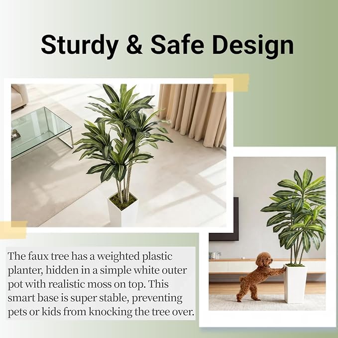 Artificial Dracaena Tree 5FT with White Tall Planter - Faux Tree Tall Fake Floor Plant in Pot-Artificial Plants Indoor for Home Office Living Room Décor (Dracaena 5ft)
