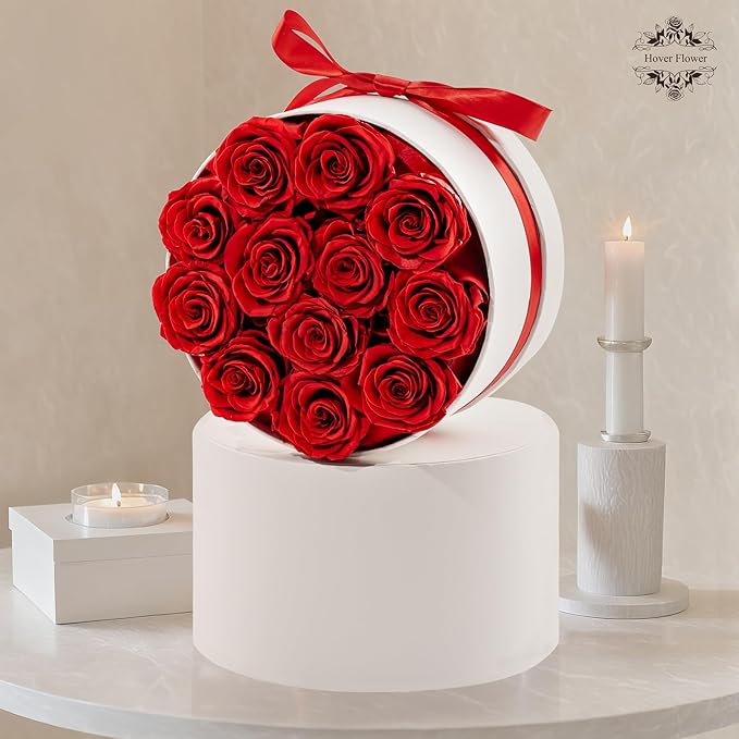 Preserved Roses in a Box, Blooming Real Roses Decor, Eternal Flowers for Delivery Prime, Best Gifts Birthday, Wedding, Anniversary, Mother's Day for Her, 12-Pieces (Red)
