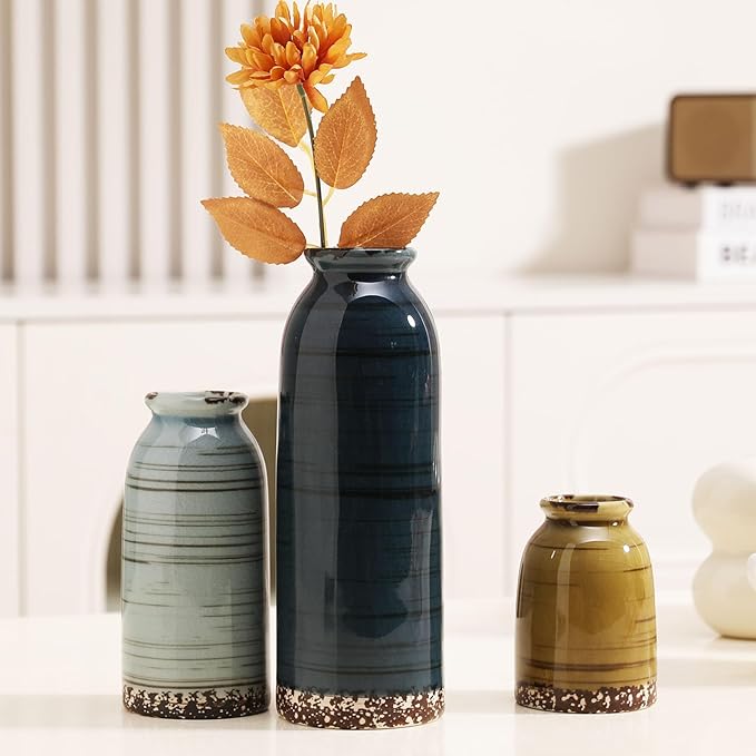 Ceramic Vase Set of 3 - Handcrafted Ceramic Vases for Home Decor & Shelf - Modern Farmhouse Decor for Kitchen, Office, Bedroom & Living Room Decorative Objects for Mantel, Table Centerpieces