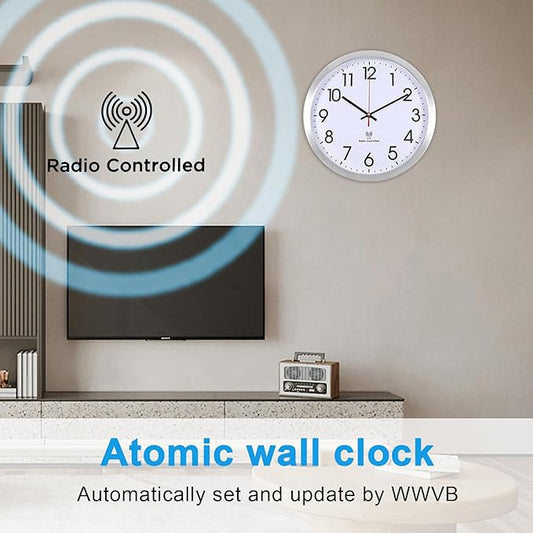 Atomic Analog Wall Clock, 14Inch Radio Controlled Sets Automatically Wall Clock, Aluminum Frame WallClock for Home School Office