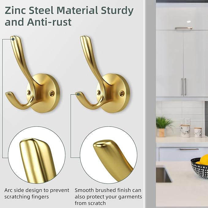 ZUONAI Gold Bathroom Towel Hooks Gold Coat Hooks 2 Pack Heavy Duty Brushed Towel Hooks Screws Solid Brass Wall Hooks for Hanging Coats, Hats, Jacket, Clothing and Keys in Bedroom Bathroom