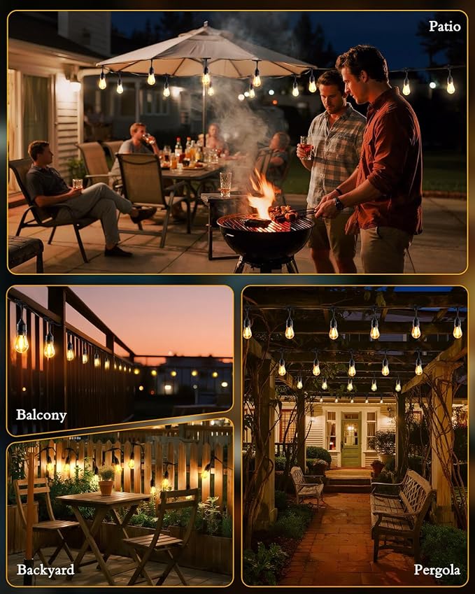 Outdoor String Lights, Super Bright LED - 48FT 15 S14 Bulbs (1 Spare), IP65 Waterproof, Commercial Grade & Shatterproof, Dimmable, UL Listed for Patio, Porch, Backyard, Gazebo