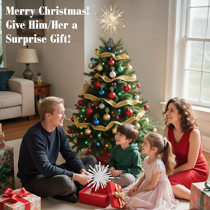 Lewondr Christmas Tree Topper, 12.2'' Glittered Epoxy Firework Xmas Tree Topper with 30 LED Bulbs, 6 Hrs Timer and 8 Modes USB Remote Control, Christmas Treetop Decor for Home Holiday, Silver