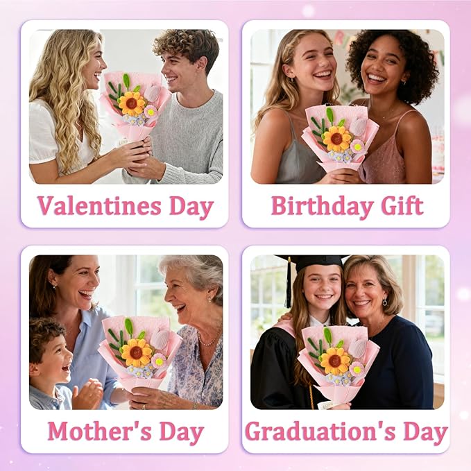 Hand-Woven Flower Bouquet Finished(1pcs) for Mother Girlfriend Birthday Gift Wedding Decoration Crochet Artificial Flower, Bouquet Gift (Sunflower Pink)