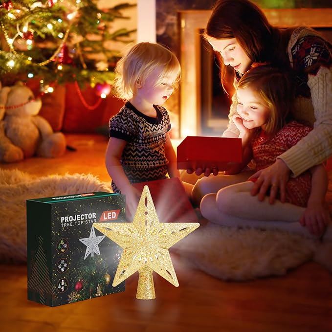 Christmas Tree Topper Lighted with 6 Pattern Projection Modes, Christmas Star Tree Topper Built-in LED Rotating Lights, Gold 3D Glitter Dynamic Projector for Christmas Decorations