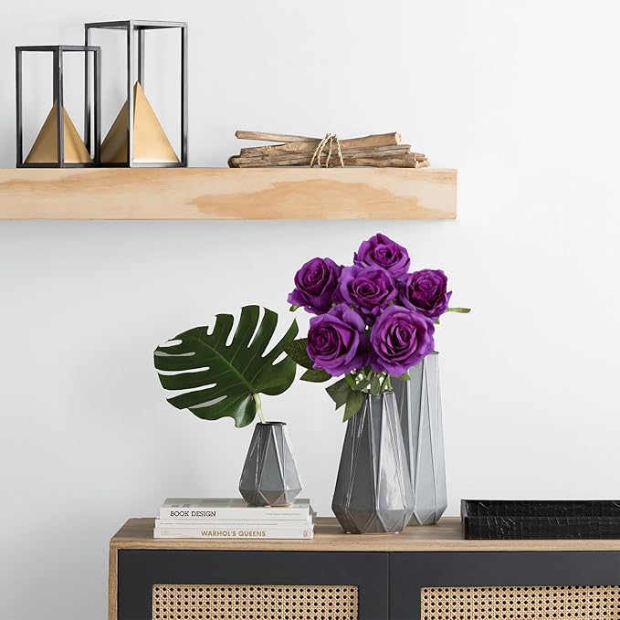 IPOPU 6PCS Purple Silk Lop-Sided Rose Artificial Flower with Long Stem Fake Leaf Roses, Artificial Long Stem Fake Roses Suitable for DIY Wedding, Home Decoration and Outdoor Party.