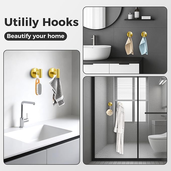 Shower Hooks for Inside Shower,No-Drill Removable&Reusable Towel Hooks for Bathroom,Heavy Duty Suction Cup Hooks for Glass Window,4 Packs(Gold)