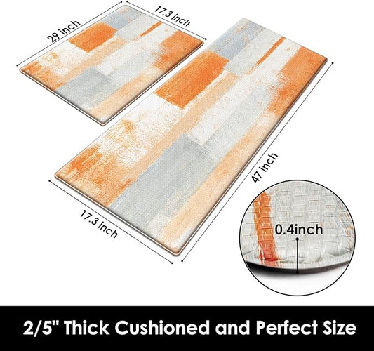 Arttown Orange Grey Anti-Fatigue Kitchen Rug Set of 2 Abstract Cushioned Floor Standing Mat Waterproof Non-Slip Mat and PVC Ergonomic Comfort Foam Rug