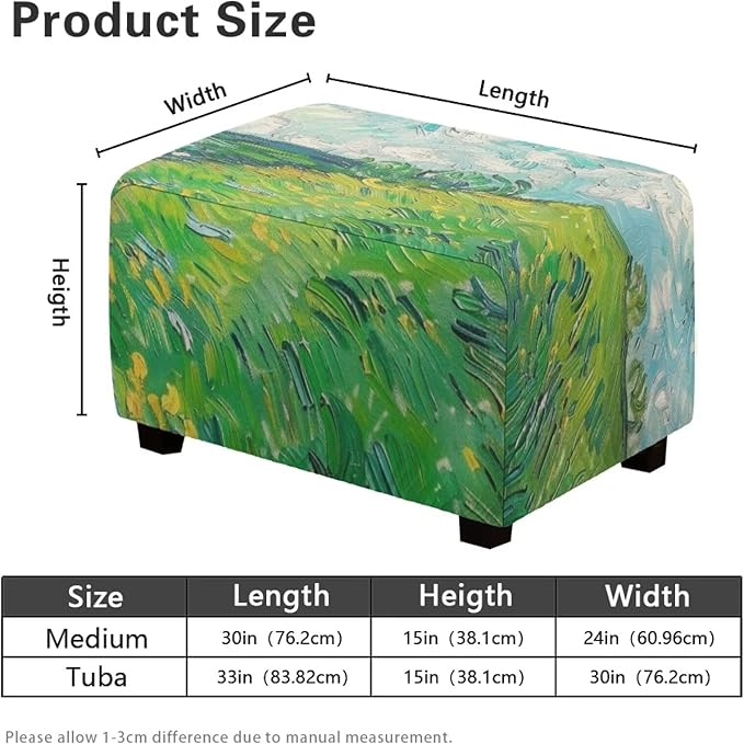 Small Ottoman Cover, Van Gogh Wheat Field Oil Painting Rectangle Ottoman Slipcover 30x24x15 Inch Form Fit Elastic Protector Covers for Foot Stool Folding Storage Furniture