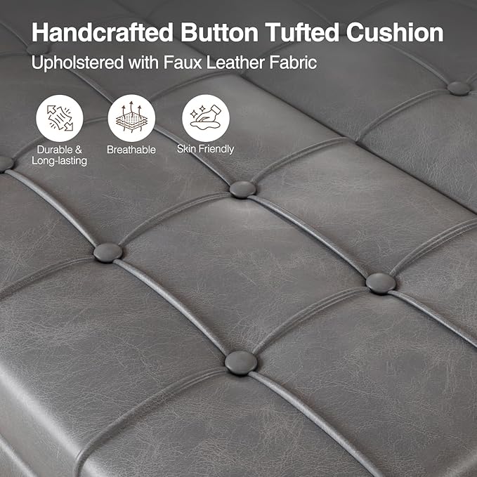 Square Leather Ottoman with Storage, Faux Leather Coffee Table with Lift Top,Large Upholstered Footrest Stool Toy Box Storage Bench for Bedroom Living Room, Grey