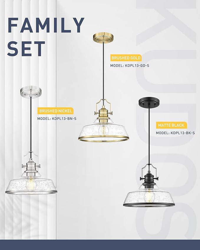 kudos 2 Pack Gold Pendant Lights Kitchen Island, 11" Brass Kitchen Island Lighting with Seeded Glass, Farmhouse Hanging Light Fixture for Kitchen Sink Dining Room Hallways, KDPL13-GD-S-2PK