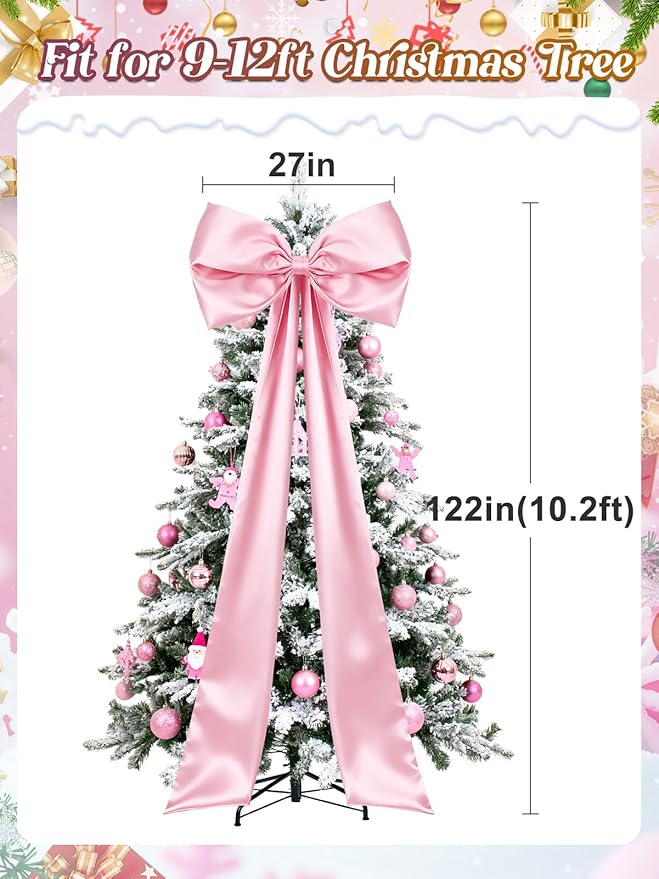 27" x 122" Giant Pink Bow for Coquette Birthday Decorations - Satin Bow with Long Streamers for Christmas Tree Topper Room Decor