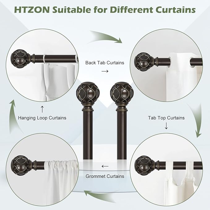 Bronze Curtain Rods for Windows 2 Pack:Farmhouse Boho Decorative Curtain Rod for Bedroom Living Room,Heavy Duty Adjustable Rustic Drapery Rods with Vintage Coastal Finials,Antique Bronze 66-120"