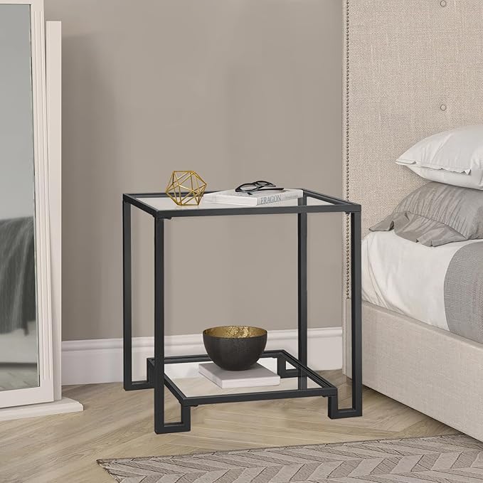 2 Tier Rectangular Side Table, Black End Table with Glass Top, Modern Metal Clear Coffee Tables,Small Accent Tables for Living Room, Bedroom, 22" x 12.4" x 24"