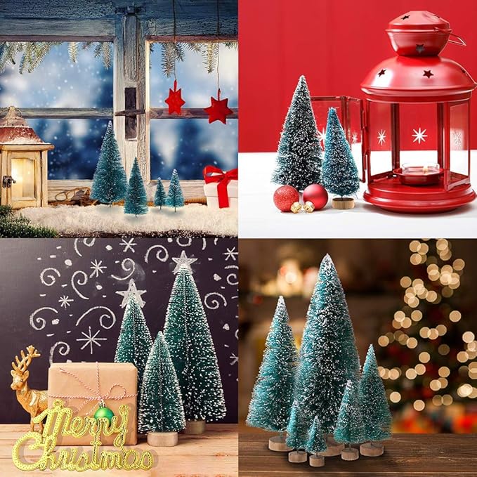 Artificial Mini Sisal Christmas Trees Snow Frost with Wooden Bases for Home Party Decoration Ornament DIY Craft (Blue-Green, 20 pcs)