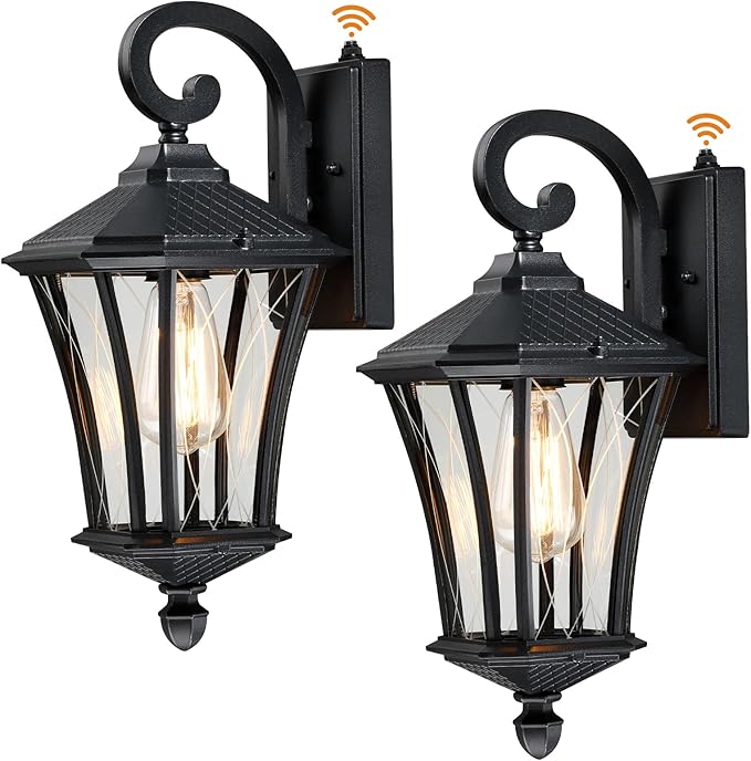 YSN 2 Pack Dusk to Dawn Outdoor Light Fixture Wall Mount Porch Lights Weather Resistant Exterior Sconce Light, Waterproof Wall Lantern for Porch, Garage, Backyard, Walkway, E26 Socket, Black