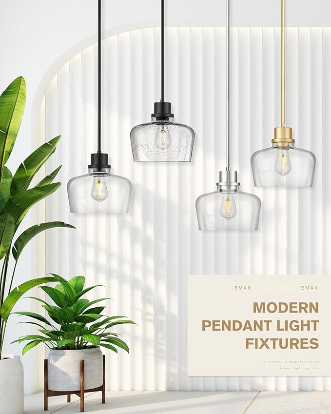 Emak 10 Inch Large Pendant Light, Black Pendant Lights Kitchen Island with Seeded Glass Shade, Modern Farmhouse Island Lights for Kitchen, Dining Room, Entrance, PL126-BK-SG