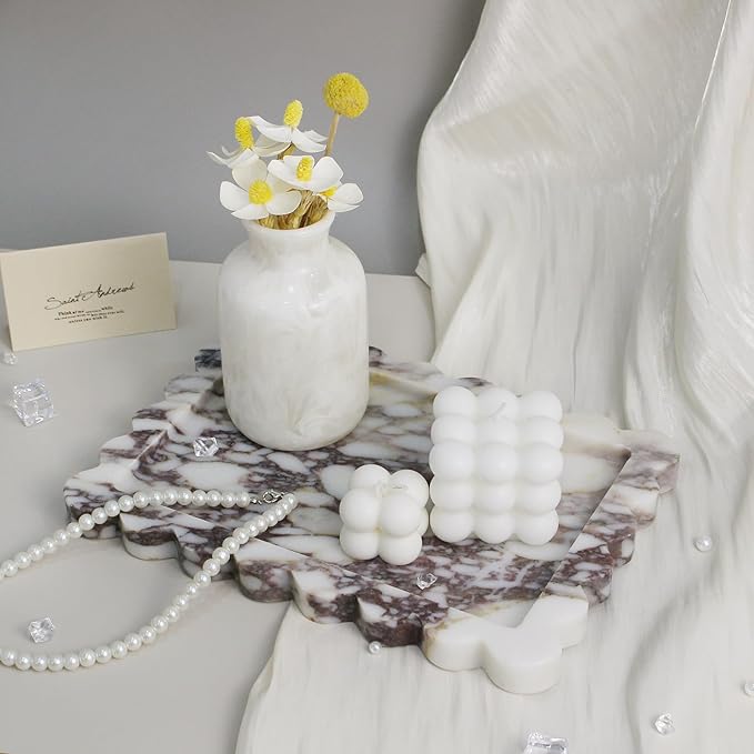 100% Real Natural Marble Tray, Genuine Calacatta Viola Scalloped Stone Tray, Luxury Decorative Trays for Bathroom Dresser, Vanity, Home, Kitchen Decor, Non-Resin/Ceramic, 10.6"x 8", Purple
