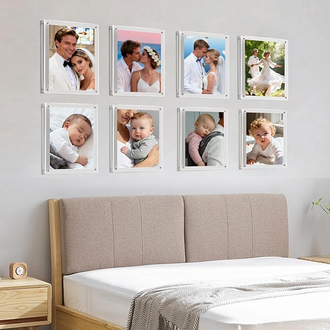 Kalami 8.5x11 Acrylic Wall Mount Picture Frame Self Adhesive, No Drill Holes Floating Frameless Clear Photo Print Certificate Degree Document Display Frame with Black Hardware - Full Frame is 10x13