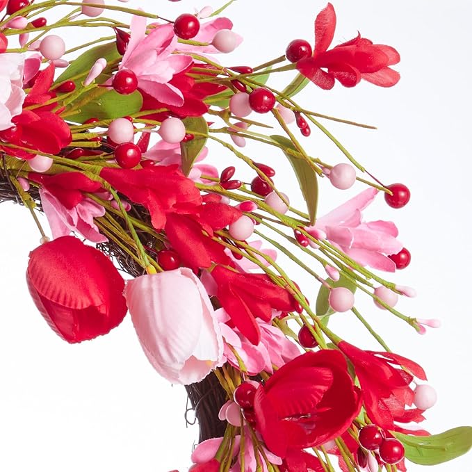 WDS WONDROUS 18.8 Inch Valentine's Day Wreath, Red Pink Tulip Floral Wreath with Berry Accents for Front Door Decor, Spring Wedding Anniversary Party Decoration