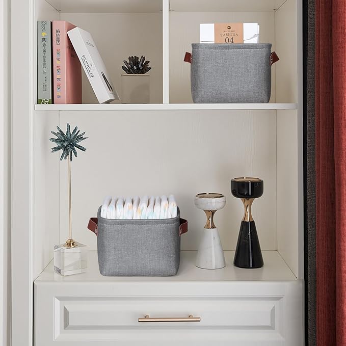 Kntiwiwo Small Fabric Storage Bins, 7.8x6.7x5.9 inch Mini Storage Cubes 4-Pack Storage Basket for Makeup Collapsible Fabric Storage Organizer with Handles, Decorative Basket for Desk, Shelves, Grey