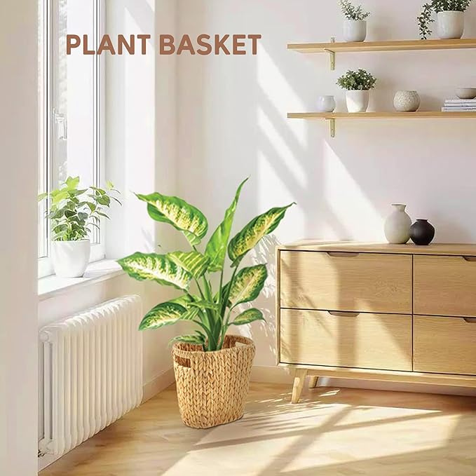 Greenatural Wicker Trash Can, Handwoven Water Hyacinth Waste Basket, Wicker Storage Bin with Natural Finish, Rustic Garbage Can for Laundry Room, Bathroom, Bedroom, Office, 13x7.5x12.25 inches