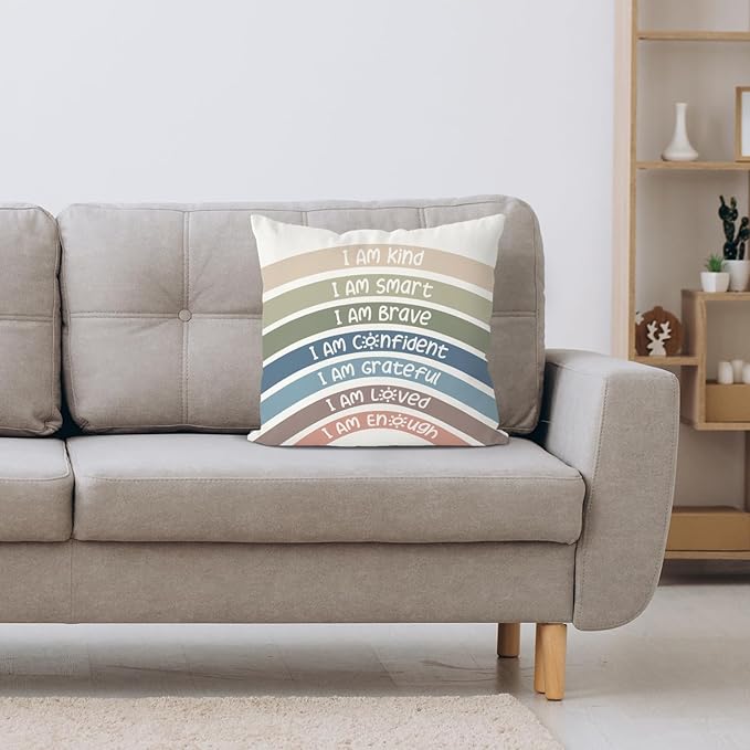 QIYUHOY Boho Rainbow Classroom Throw Pillow Covers, Book Center Calming Corner Playroom Decor Pillow Case, Reseda Pillow Cover, I Am Kind Smart Brave Confidence 18x18 Inch Pillowcase(reseda)