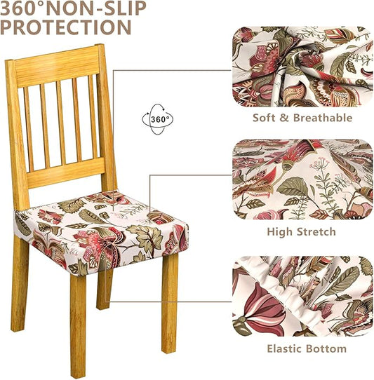 Stretch Dining Chair Seat Covers Set of 6,Dining Chair Slipcovers, Floral Printed Chair Covers,Soft Fabric Washable Upholstered Chair Seat Protector, No Rear Covers for Home Kitchen Dining Room