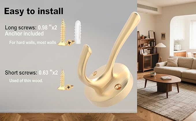 Gold Wall Hooks, 6 Pack Coat Robe Hook Heavy Duty Metal Double Bath Hook Wall Mounted, Hand Towel Hooks for Cubicle Bathroom Kitchen Closet Garage
