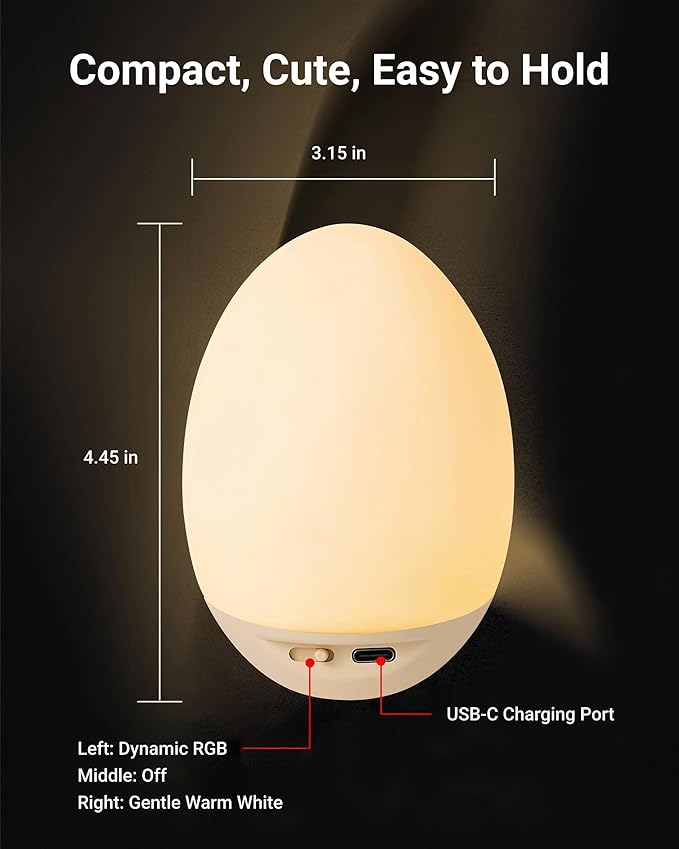 Egg Baby Night Light for Nursery & Breastfeeding – Portable Touch Light with 7 RGB Colors, Stepless Dimming, Rechargeable, BPA-Free Soft Silicone, Compact Lamp for Kids & Newborns