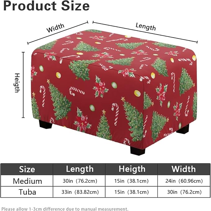 Ottoman Cover Rectangular Christmas Tree Candy Cane Stretch Ottoman Slipcovers Nonslip Storage Footrest Stool Cover Easy Install Furniture Protector for Foot Stool Decor Size L