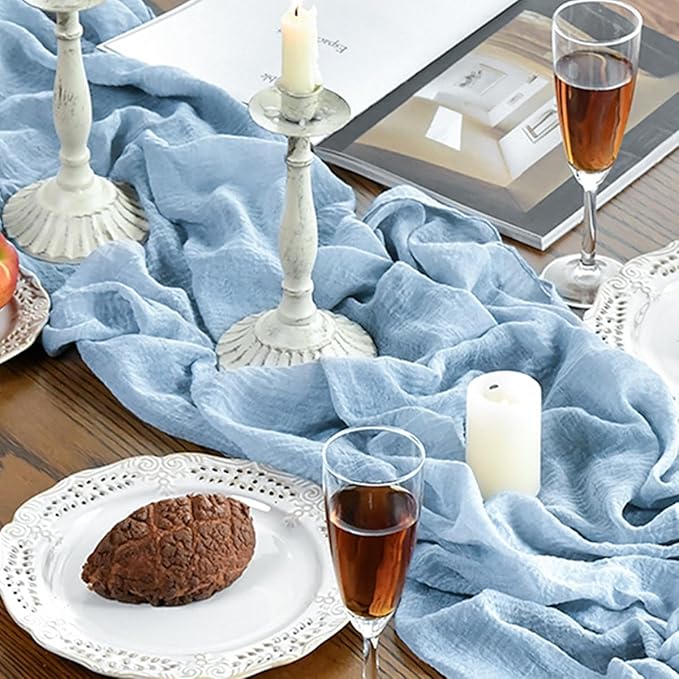 Artoid Mode Boho Cheesecloth Gauze Ice Blue Wedding Table Runner, 160 Inch Seasonal Fabric Kitchen Dining Holiday Table Decor for Home Party Indoor