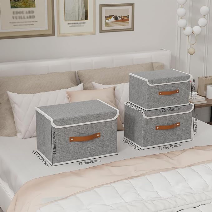 Yawinhe Storage Bins with Lids, Closet Baskets, Washable and Leather Handle, Collapsible Boxes for Home, Grey, 17.7''Lx11.8''Wx11.8''H, 1-Pack, USNK024GX-1