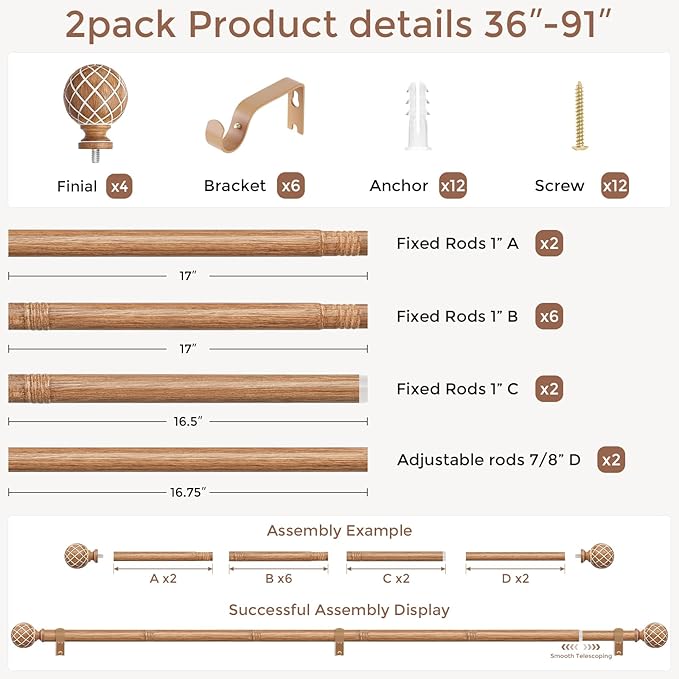 2 Pack Wood Curtain Rods for Windows 48 to 84 Inch, 1 Inch Adjustable Heavy Duty Wooden Curtain Rod with Unique Faux Wood cobweb Finials, Boho Vintage Decorative Drapery Rod for Farmhouse