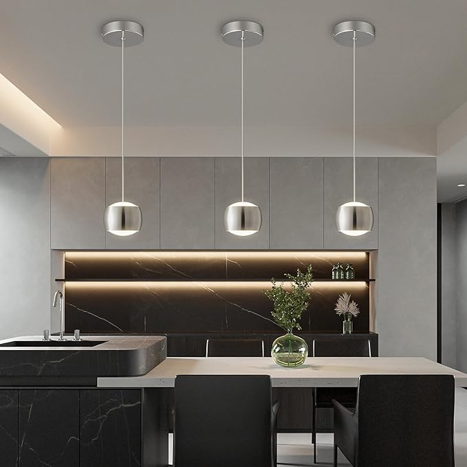 Modern LED Dimmable Pendant Light fixtures,Mini Island Pendant Lighting for Kitchen Island Dinning Room,Bedroom,Bar, Kitchen Island Ceiling Hanging Light Fixtures(Chrome-1-Pack)
