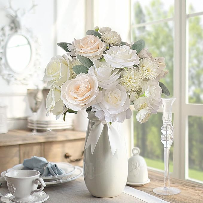 Roses Artificial Flowers White Fake Flower Bulk for DIY Wedding Bouquet Bridal Baby Shower Decorations Party Table Centerpiece Silk Floral Arrangements Home Decor Indoor Cream Ivory Box