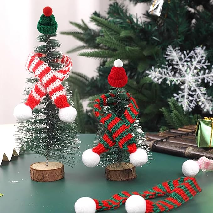 NSBELL 32PCS Mini Knit Hat Mini Christmas Scarf Set Mini Santa Hats for Crafts Mini Christmas Decorations Christmas Tree Ornaments for DIY Craft Art Snowman Doll