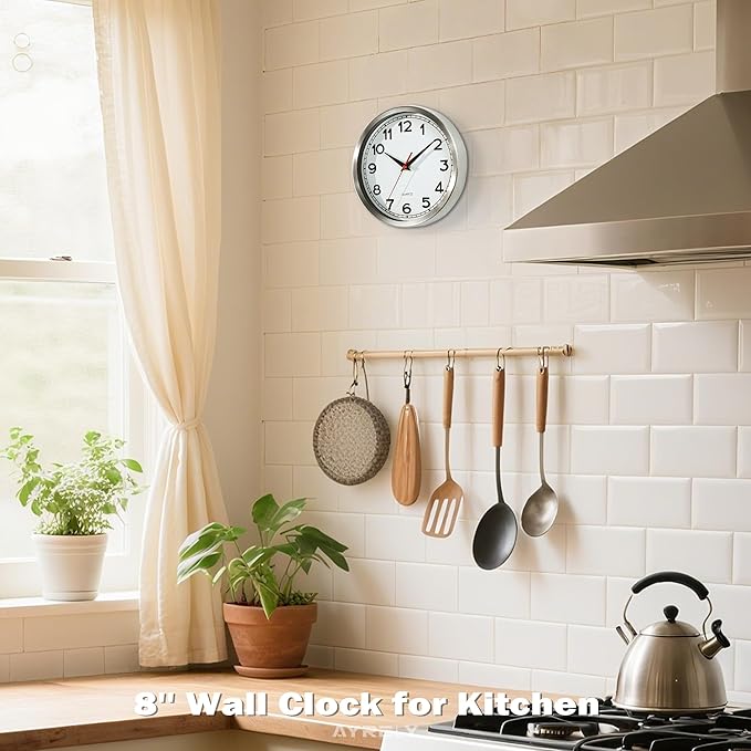 AYRELY® Wall Clock – 8 Inch Metal Decorative Modern Analog Clock, Silent Non-Ticking Battery Operated Small Classic Wall Clocks for Kitchen, Living Room, Bedroom, Office, Bathroom(Classic-8in)