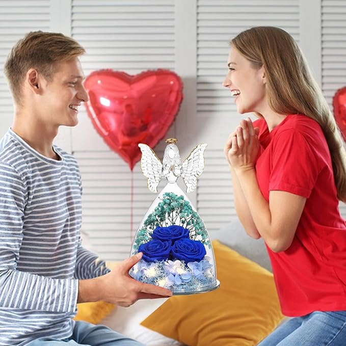 Christmas Rose Gifts for Women Preserved Real Flower in Glass Angel Figurines Roses for Delivery Prime Birthday Gifts for Mom Grandma Girlfriend Wife Her, Dark Blue