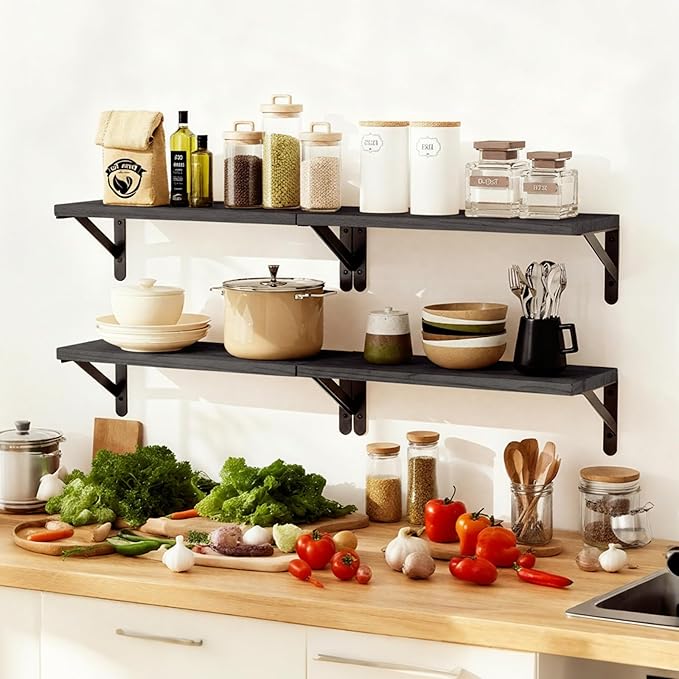 Fixwal Floating Shelves for Wall, Wood Wall Mounted Shelves for Bedroom, Bathroom, Living Room, Kitchen Storage and Decor(Black, Set of 4, 16.5 Inch)