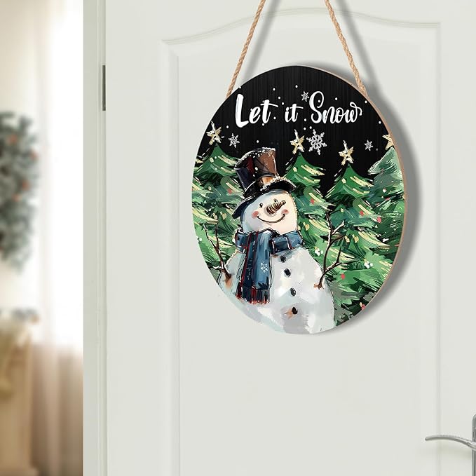 Winter Snowman Sign for Front Door Decor Christmas Snowman Wood Door Hanger for Outdoor Outside Porch Welcome Pine Trees Snowflake Wooden Wreath Winter Xmas Wall Hanging Decoration for Home 12"x12"